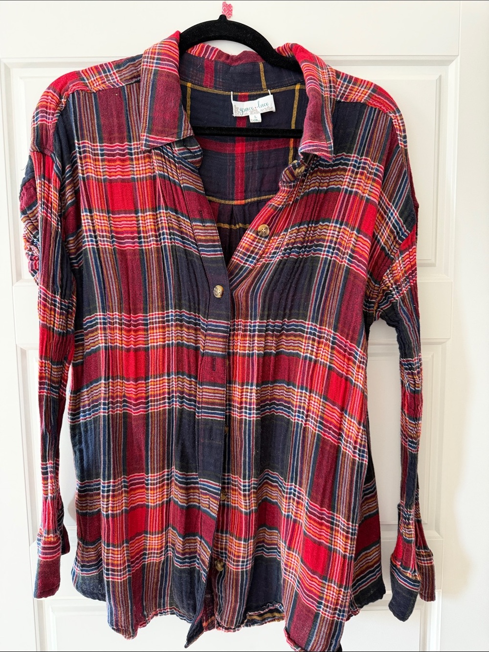 Grace & Lace Red and Navy Plaid Button-Down Shirt